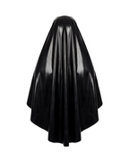 A glossy black and white latex nun habit by Ribcage, featuring a draped veil and a structured white wimple collar accented with a black inverted cross motif.