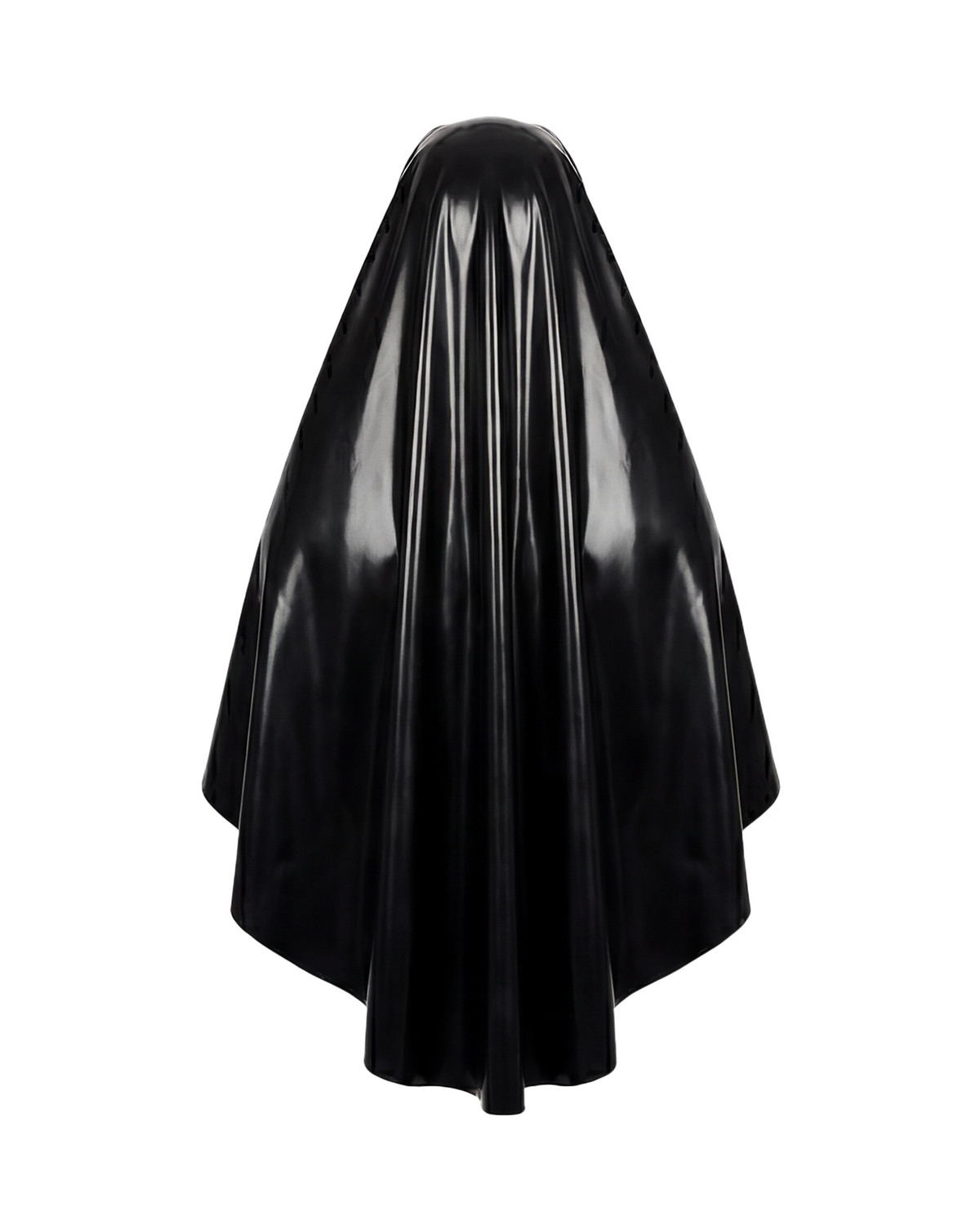A glossy black and white latex nun habit by Ribcage, featuring a draped veil and a structured white wimple collar accented with a black inverted cross motif.