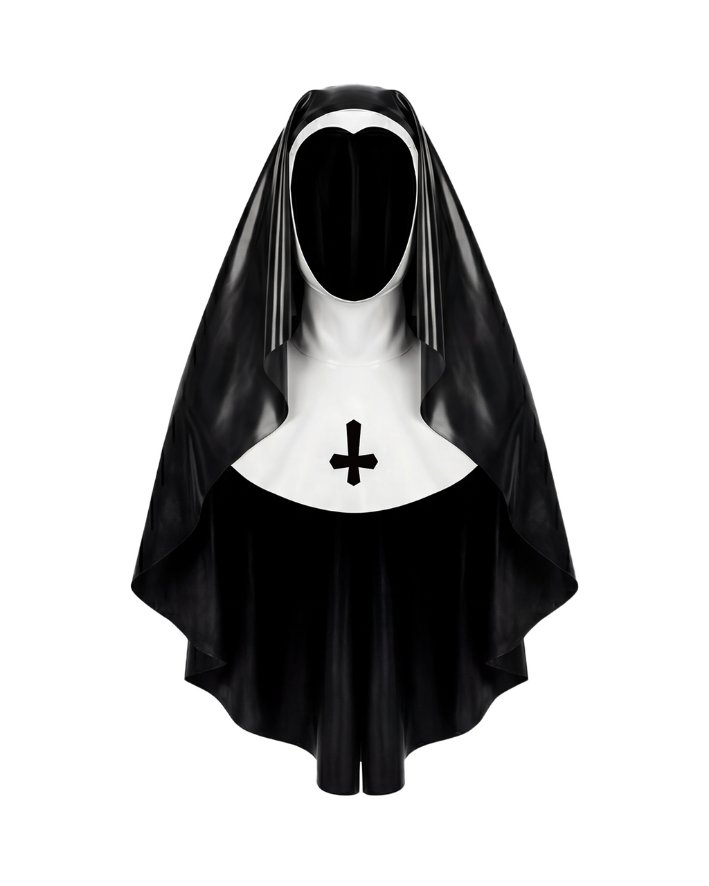 A glossy black and white latex nun habit by Ribcage, featuring a draped veil and a structured white wimple collar accented with a black inverted cross motif.