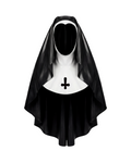 A glossy black and white latex nun habit by Ribcage, featuring a draped veil and a structured white wimple collar accented with a black inverted cross motif.
