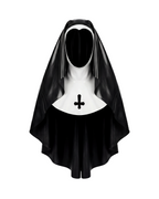 A glossy black and white latex nun habit by Ribcage, featuring a draped veil and a structured white wimple collar accented with a black inverted cross motif.