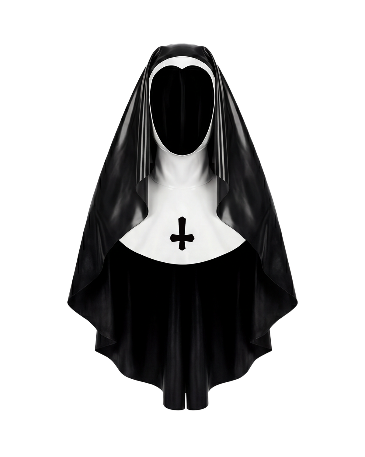 A glossy black and white latex nun habit by Ribcage, featuring a draped veil and a structured white wimple collar accented with a black inverted cross motif.