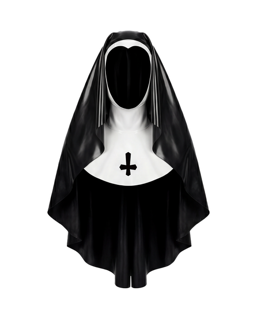 A glossy black and white latex nun habit by Ribcage, featuring a draped veil and a structured white wimple collar accented with a black inverted cross motif.