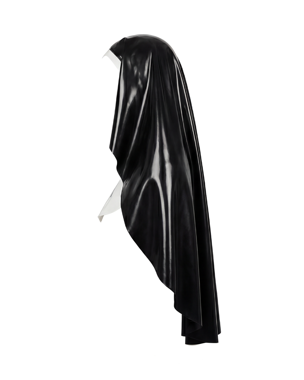 A glossy black and white latex nun habit by Ribcage, featuring a draped veil and a structured white wimple collar accented with a black inverted cross motif.