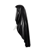 A glossy black and white latex nun habit by Ribcage, featuring a draped veil and a structured white wimple collar accented with a black inverted cross motif.