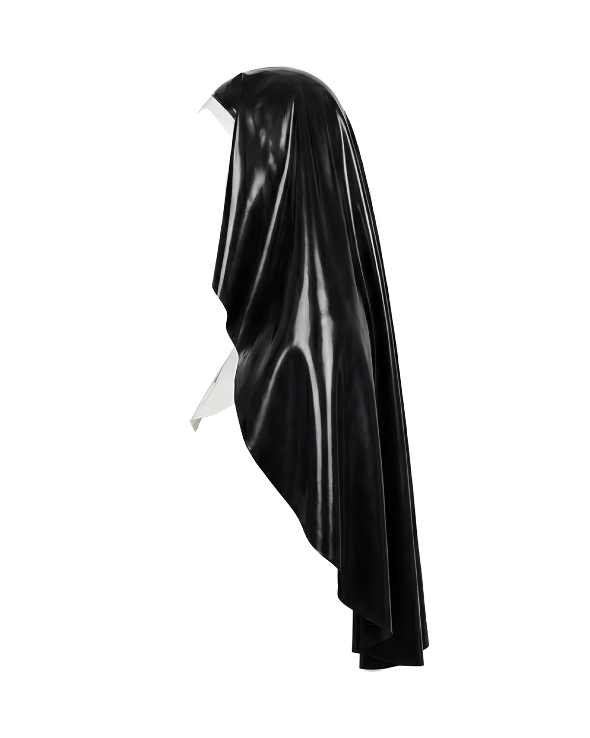 A glossy black and white latex nun habit by Ribcage, featuring a draped veil and a structured white wimple collar accented with a black inverted cross motif.