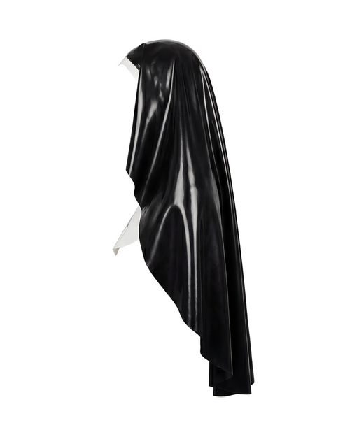 A glossy black and white latex nun habit by Ribcage, featuring a draped veil and a structured white wimple collar accented with a black inverted cross motif.