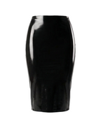 A front view of the high-shine black latex high-waisted pencil skirt by Ribcage, displayed on a clean white background.