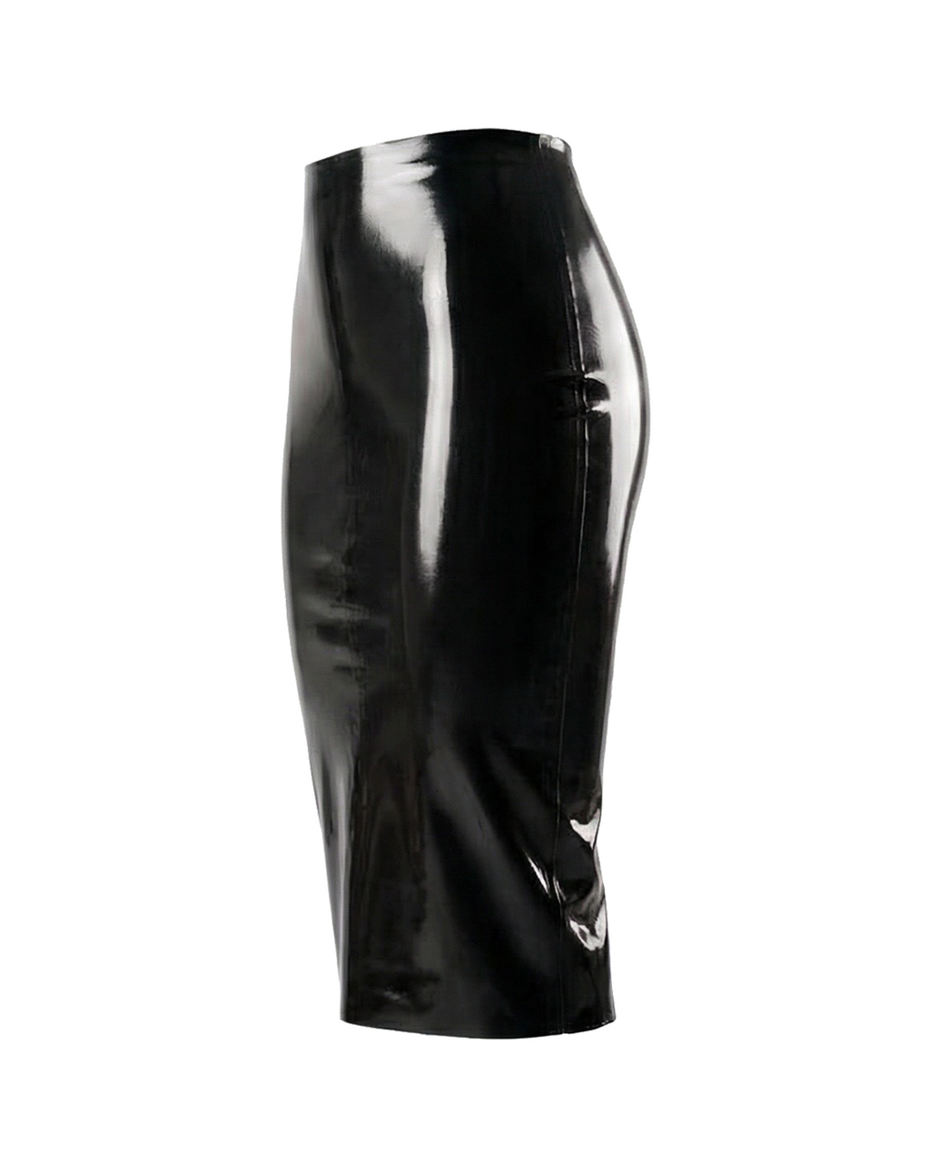 A side view of the high-shine black latex high-waisted pencil skirt by Ribcage, displayed on a clean white background.