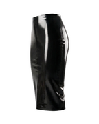 A side view of the high-shine black latex high-waisted pencil skirt by Ribcage, displayed on a clean white background.