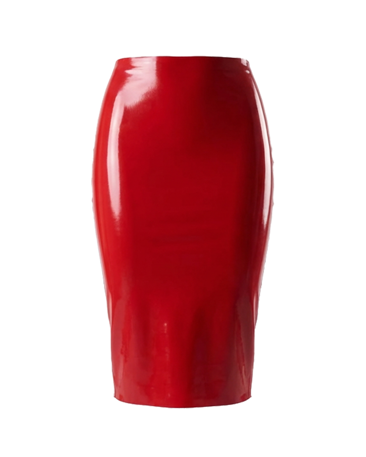 A front view of the high-shine red latex high-waisted pencil skirt by Ribcage, displayed on a clean white background.