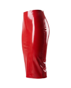 A side view of the high-shine red latex high-waisted pencil skirt by Ribcage, displayed on a clean white background.