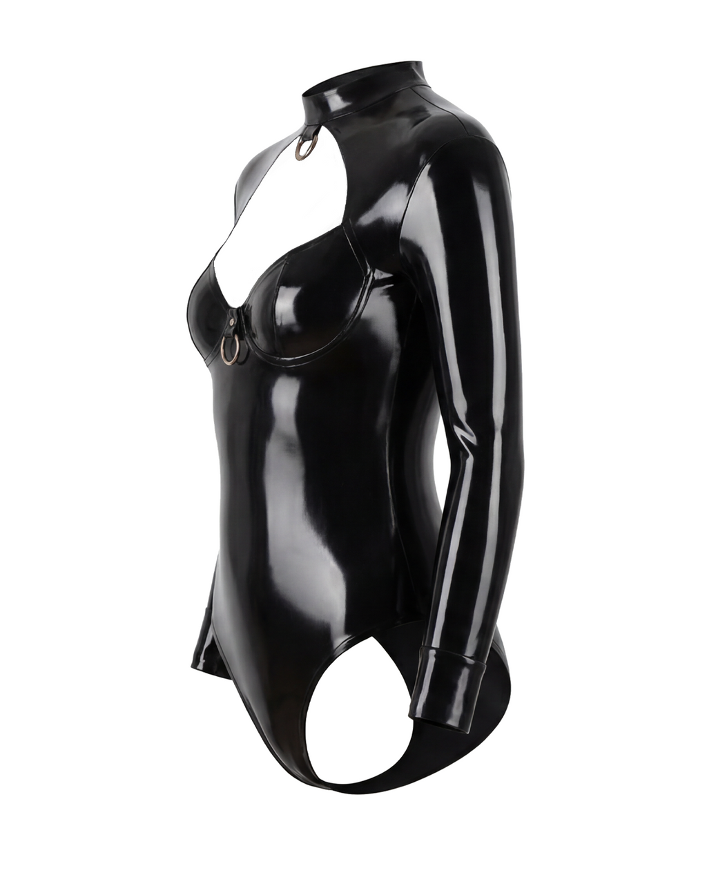 A side profile view of the high-shine black latex Abyssal Bodysuit by Ribcage, highlighting the bustier detailing and sleek body-contouring fit, displayed on a clean white background.