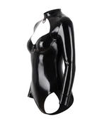 A side profile view of the high-shine black latex Abyssal Bodysuit by Ribcage, highlighting the bustier detailing and sleek body-contouring fit, displayed on a clean white background.