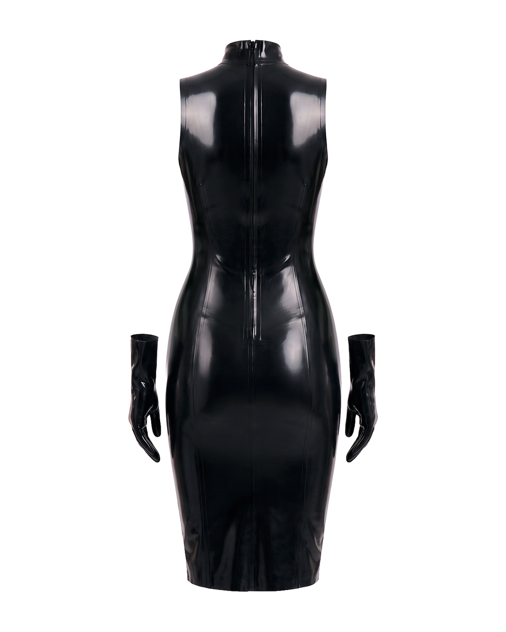 A back view of the high-shine black latex The Arbiter Dress by Ribcage Latex, featuring a half-length back zipper, contoured body-sculpting seams, and matching detached gloves.