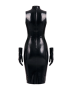 A back view of the high-shine black latex The Arbiter Dress by Ribcage Latex, featuring a half-length back zipper, contoured body-sculpting seams, and matching detached gloves.