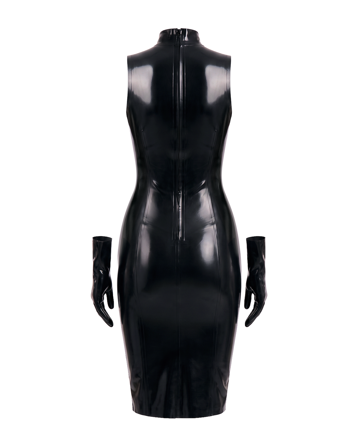 A back view of the high-shine black latex The Arbiter Dress by Ribcage Latex, featuring a half-length back zipper, contoured body-sculpting seams, and matching detached gloves.