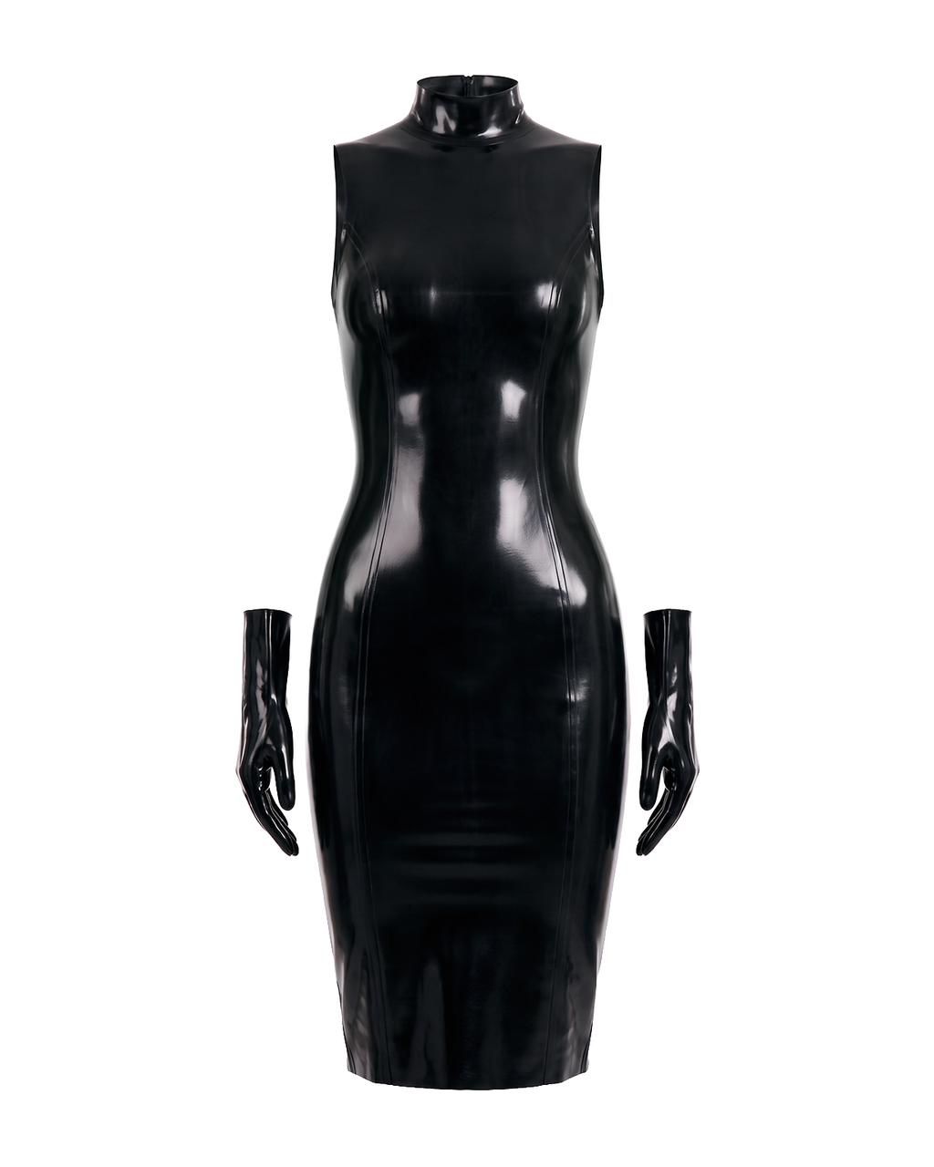 A front view of the high-shine black latex The Arbiter Dress by Ribcage Latex, featuring a sculpted sleeveless silhouette, a mock neckline, and matching detached gloves.
