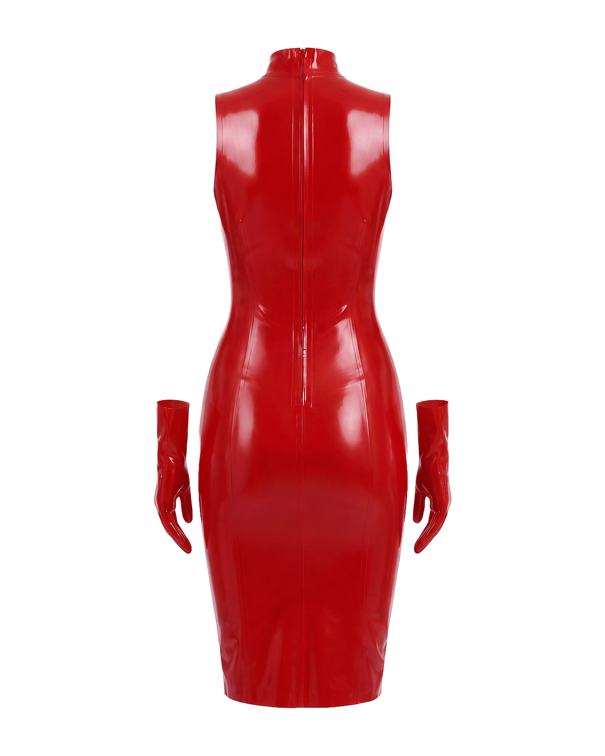 A back view of the high-shine red latex The Arbiter Dress by Ribcage Latex, featuring a half-length back zipper, contoured seaming, and a compressive knee-length cut.