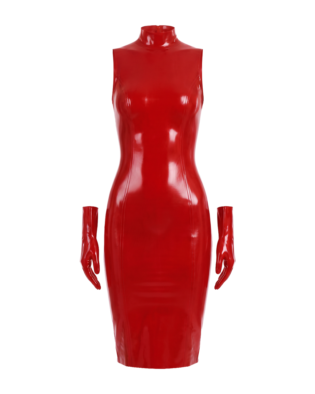 A front view of the high-shine red latex The Arbiter Dress by Ribcage Latex, featuring a sculpted sleeveless silhouette, a mock neckline, and matching detached gloves.
