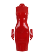 A front view of the high-shine red latex The Arbiter Dress by Ribcage Latex, featuring a sculpted sleeveless silhouette, a mock neckline, and matching detached gloves.