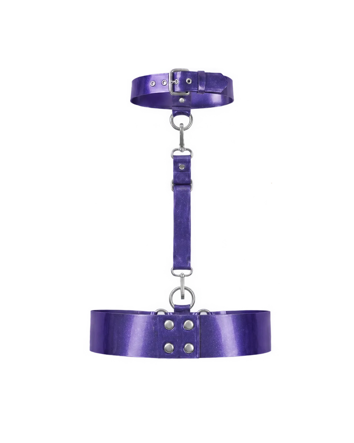 A back view of the metallic purple latex harness set by Ribcage, highlighting the buckle closure on the choker and the double-row snap button closure on the waist belt, accented with silver hardware, displayed on a clean white background.