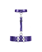 A front view of the metallic purple latex harness set by Ribcage, displaying the connected choker, vertical chest strap, and structured waist belt, detailed with silver metallic O-rings, displayed on a clean white background.