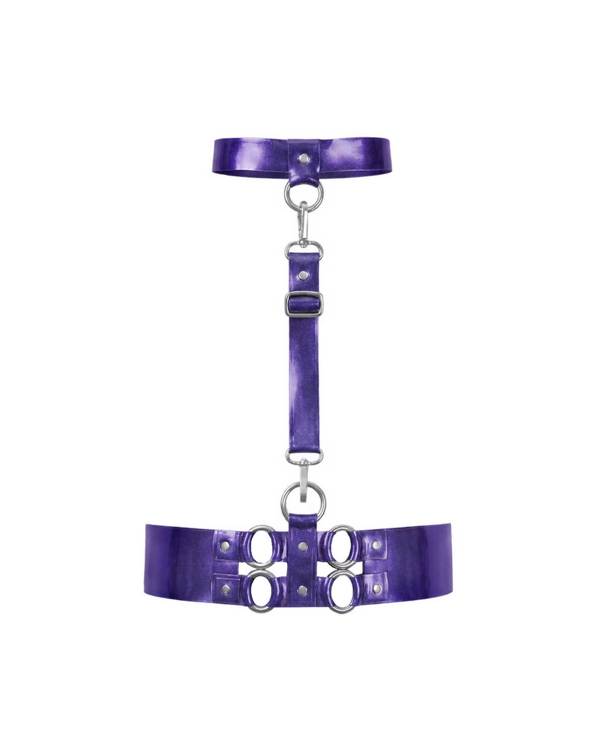 A front view of the metallic purple latex harness set by Ribcage, displaying the connected choker, vertical chest strap, and structured waist belt, detailed with silver metallic O-rings, displayed on a clean white background.
