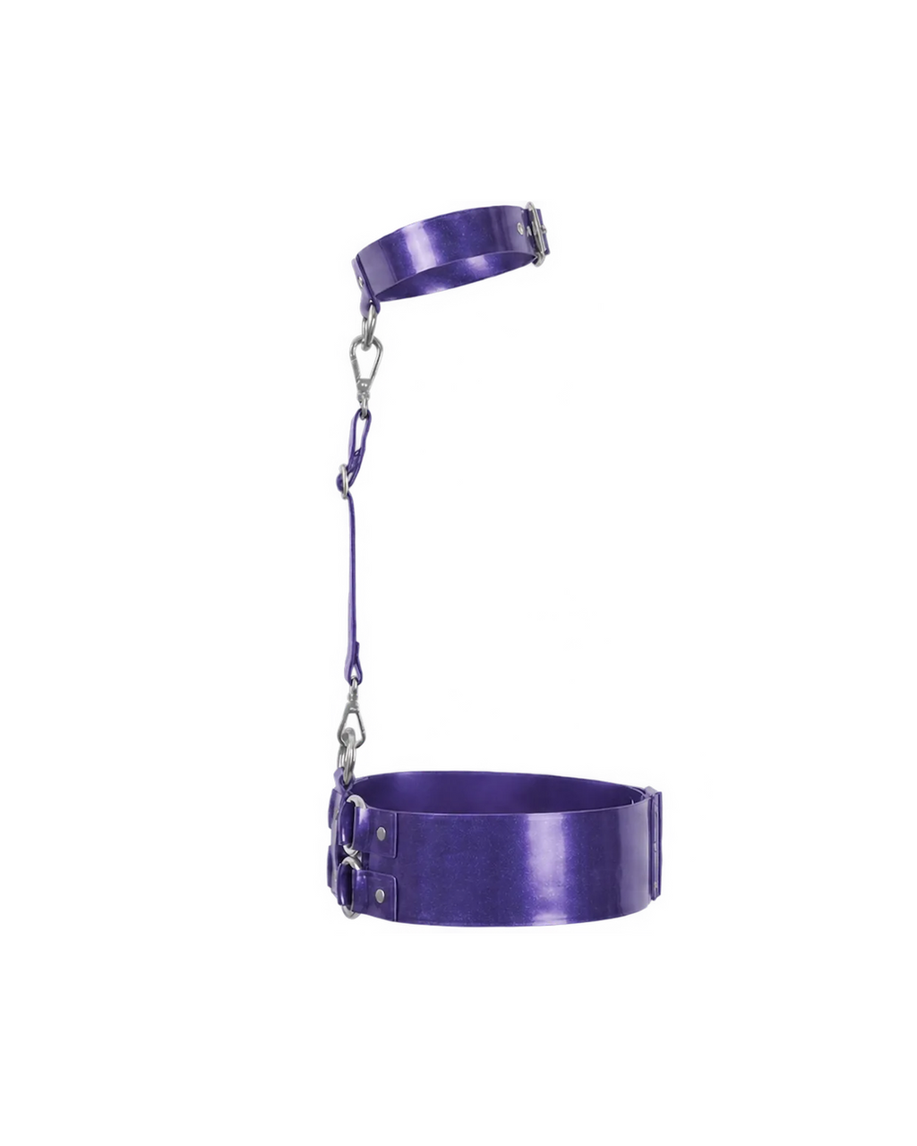 A side profile view of the metallic purple latex harness set by Ribcage, showing the structural connection of the choker, chest strap, and waist belt with silver metallic hardware, displayed on a clean white background.