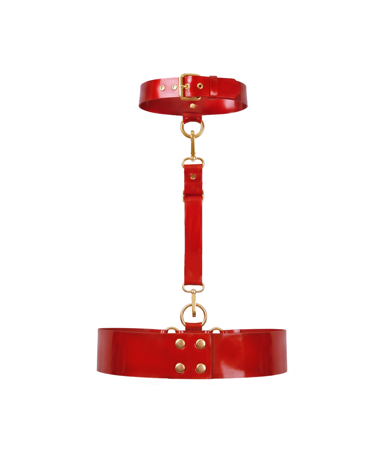 A back view of the red latex harness set by Ribcage, highlighting the buckle closure on the choker and the double-row snap button closure on the waist belt, accented with gold hardware, displayed on a clean white background.