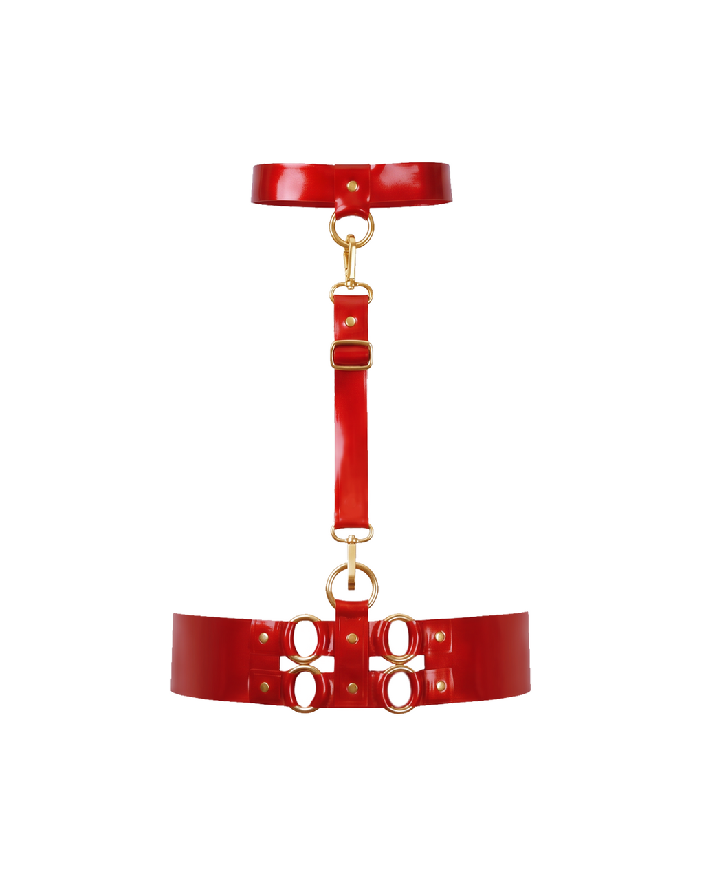 A front view of the red latex harness set by Ribcage, displaying the connected choker, vertical chest strap, and structured waist belt, detailed with gold metallic O-rings, displayed on a clean white background.