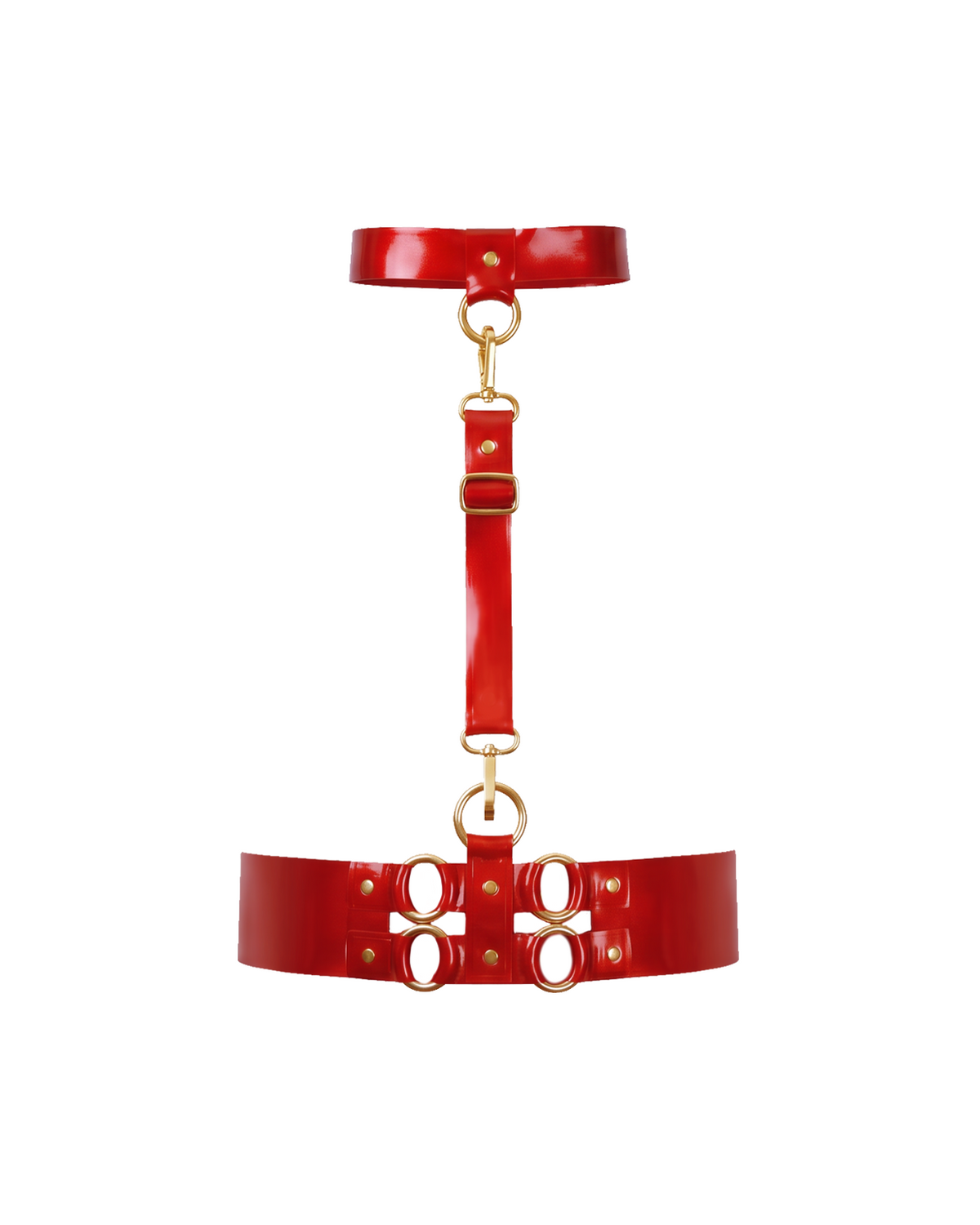 A front view of the red latex harness set by Ribcage, displaying the connected choker, vertical chest strap, and structured waist belt, detailed with gold metallic O-rings, displayed on a clean white background.