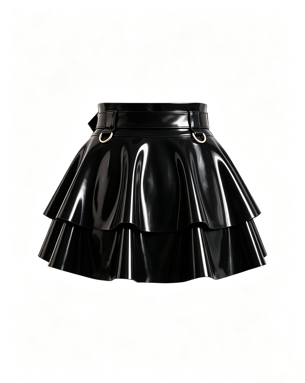 A glossy black latex peplum overlay belt by Ribcage, featuring a structured waist belt with a gold metallic buckle, hardware rings, and a double-layer flounce peplum.
