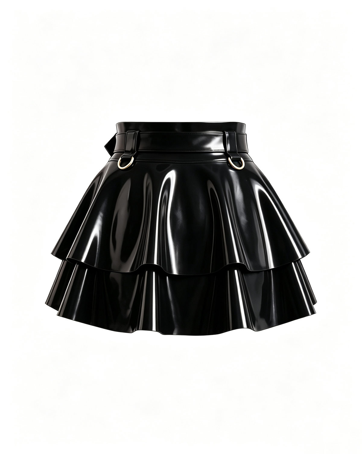 A glossy black latex peplum overlay belt by Ribcage, featuring a structured waist belt with a gold metallic buckle, hardware rings, and a double-layer flounce peplum.