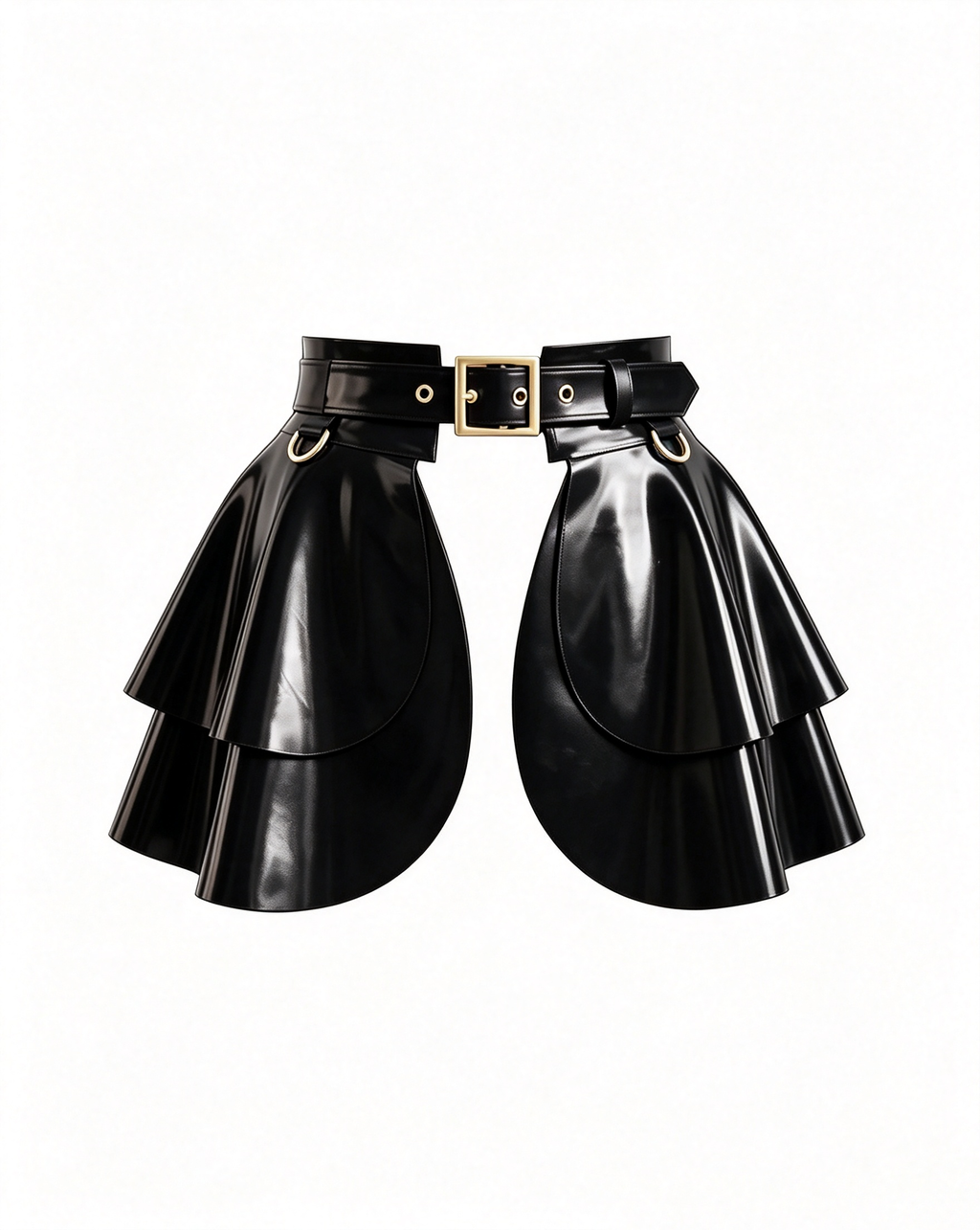 A glossy black latex peplum overlay belt by Ribcage, featuring a structured waist belt with a gold metallic buckle, hardware rings, and a double-layer flounce peplum