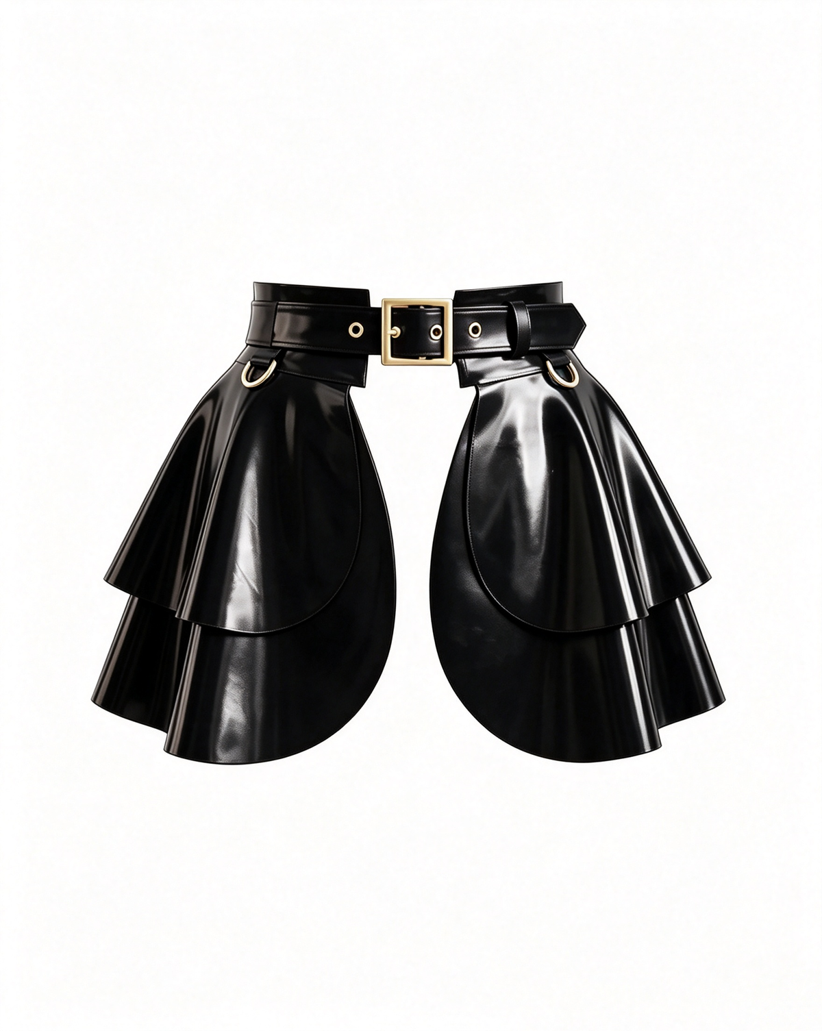 A glossy black latex peplum overlay belt by Ribcage, featuring a structured waist belt with a gold metallic buckle, hardware rings, and a double-layer flounce peplum