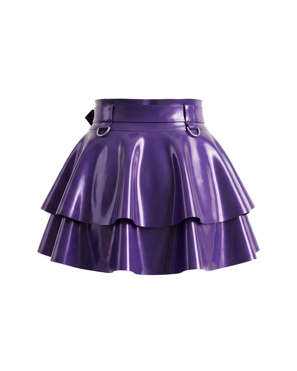 A glossy metallic purple latex peplum overlay belt by Ribcage, featuring a structured waist belt with a silver metallic buckle, hardware rings, and a double-layer flounce peplum.