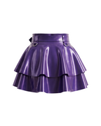 A glossy metallic purple latex peplum overlay belt by Ribcage, featuring a structured waist belt with a silver metallic buckle, hardware rings, and a double-layer flounce peplum.