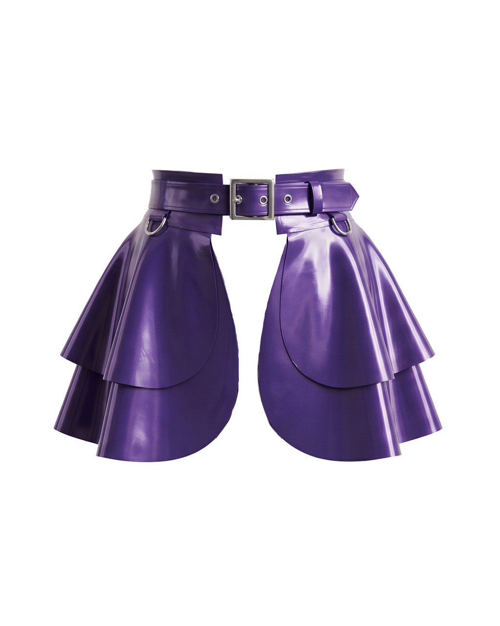 A high-shine metallic purple latex peplum overlay belt by Ribcage, featuring a structured waist belt with a silver metallic buckle, hardware rings, and a double-layer flounce peplum.