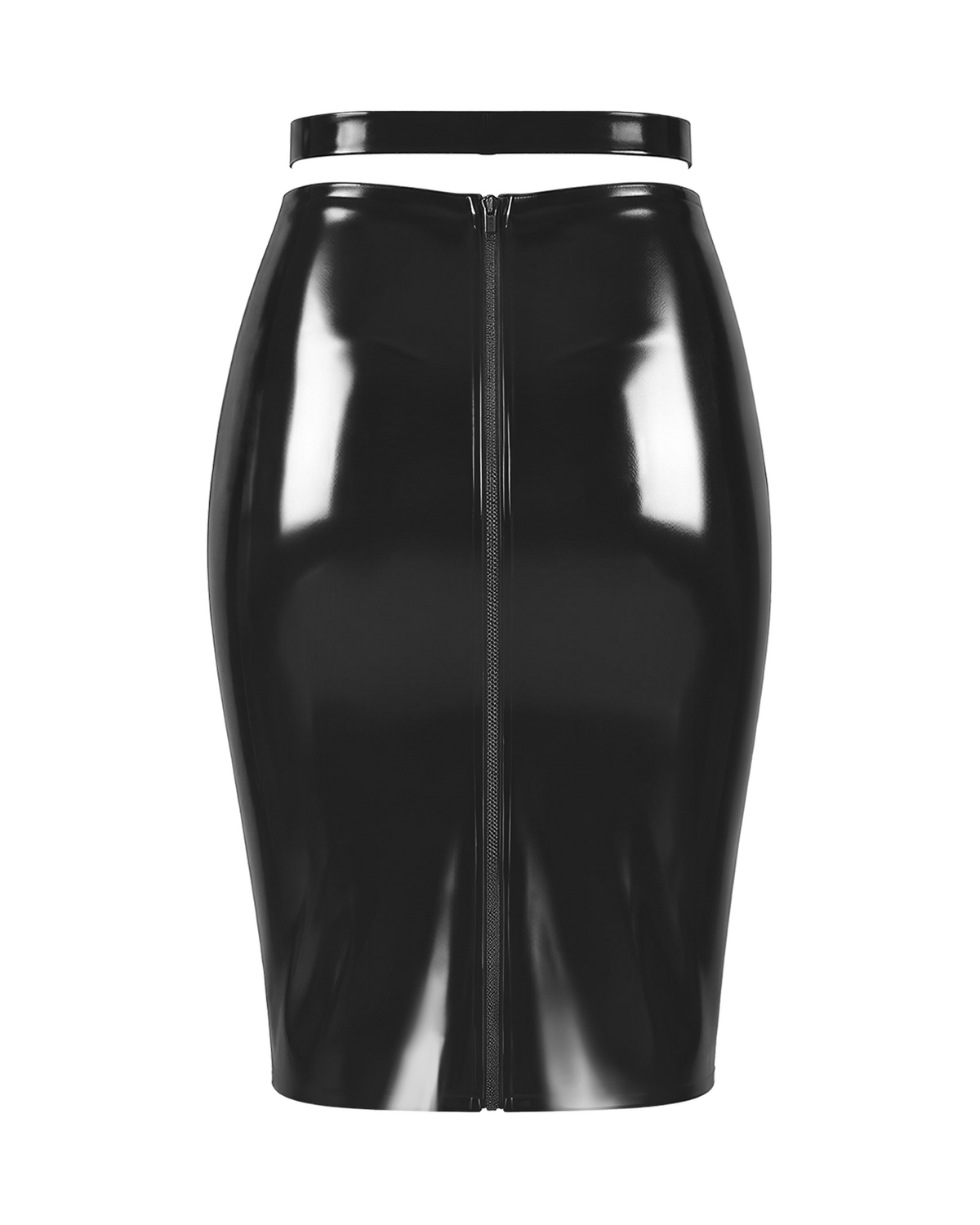 A back view of the high-shine black latex high-waisted pencil skirt by Ribcage, featuring a contrasting waistline design and a full-length back zipper closure, displayed on a clean white background.