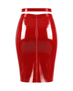 A back view of the high-shine red latex high-waisted pencil skirt by Ribcage, featuring a contrasting waistline design and a full-length back zipper closure, displayed on a clean white background.