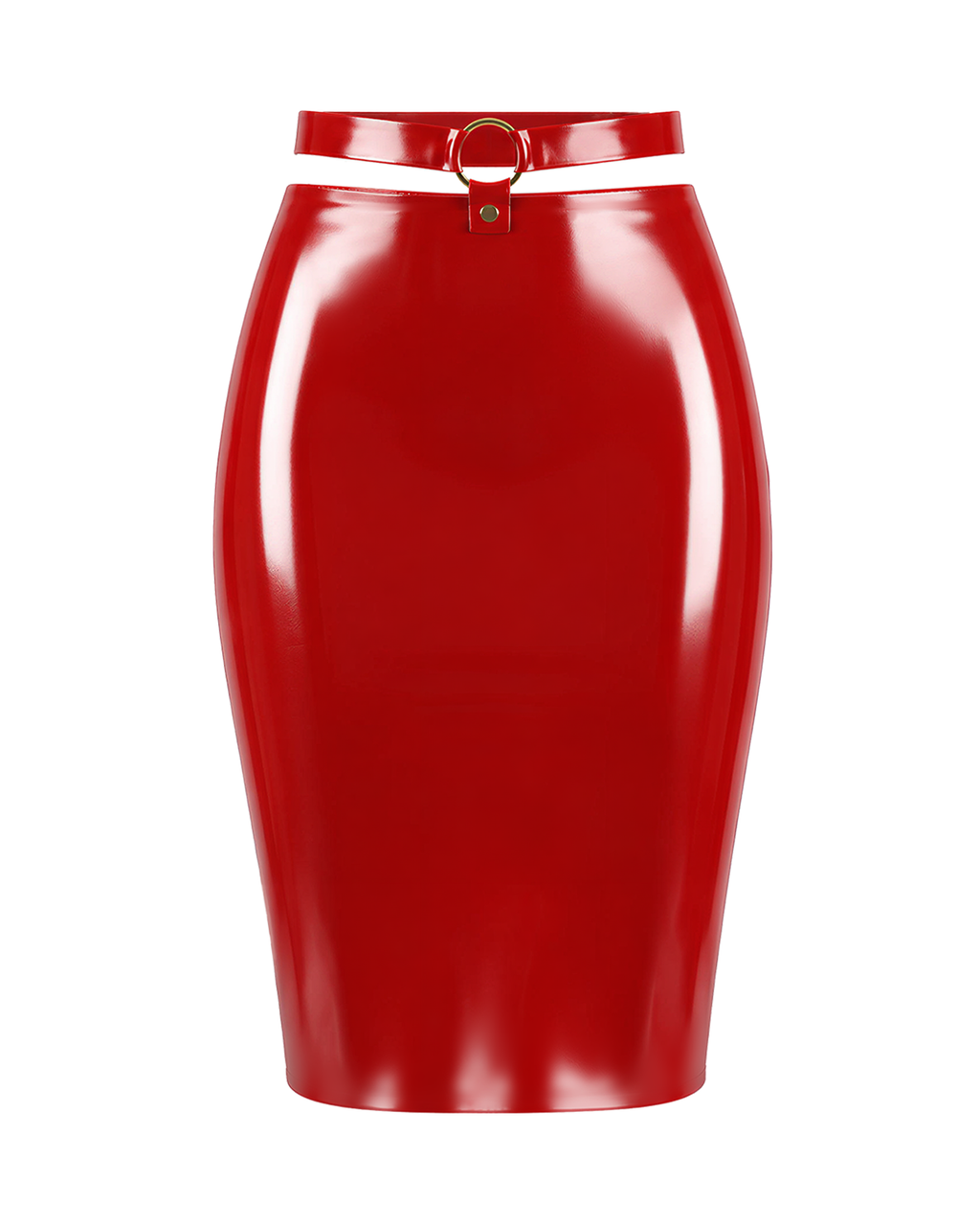 A front view of the high-shine red latex high-waisted pencil skirt by Ribcage, featuring a contrasting waistline design with metallic O-ring hardware, displayed on a clean white background.