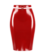 A front view of the high-shine red latex high-waisted pencil skirt by Ribcage, featuring a contrasting waistline design with metallic O-ring hardware, displayed on a clean white background.