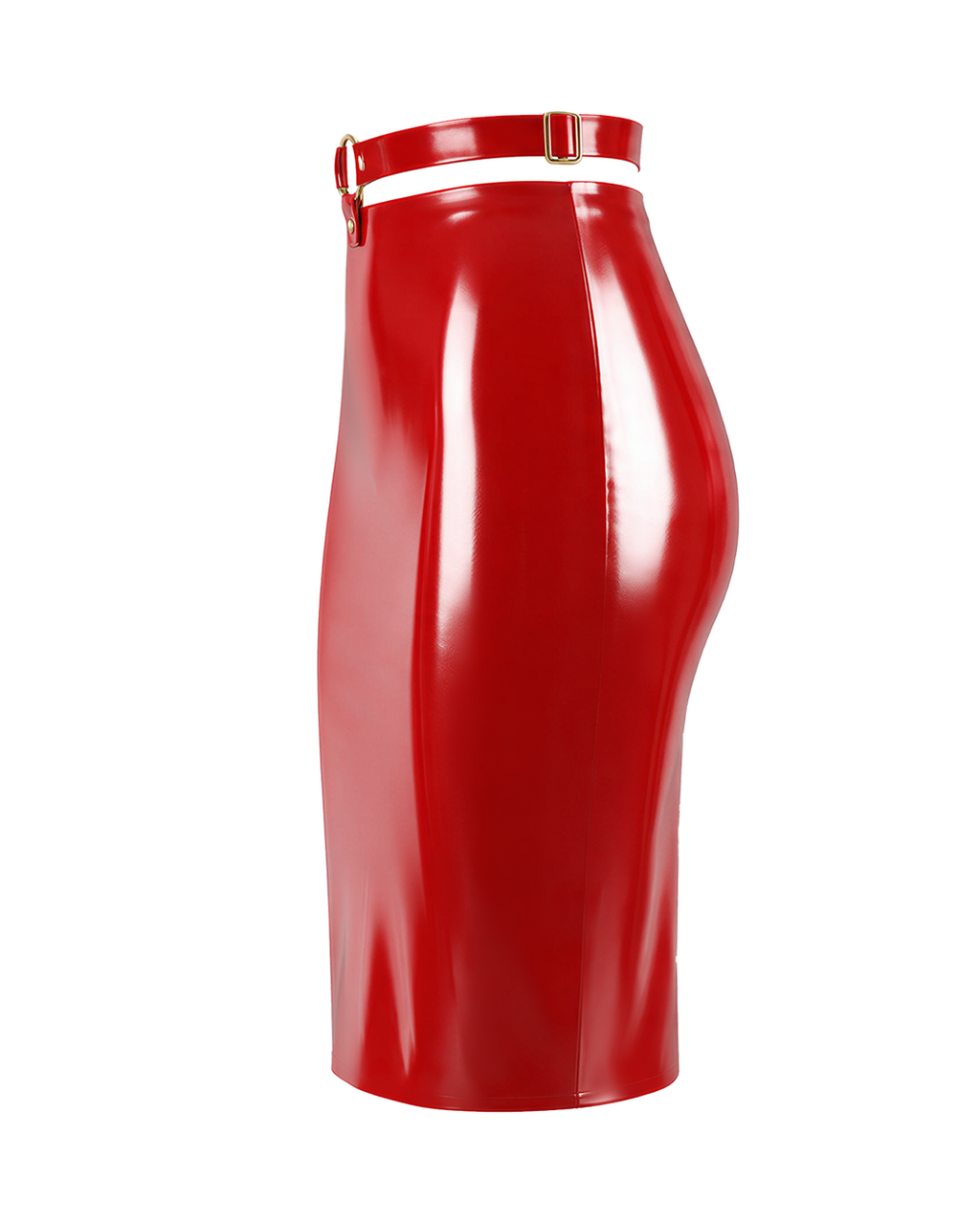 A side view of the high-shine red latex high-waisted pencil skirt by Ribcage, featuring a contrasting waistline design, displayed on a clean white background.