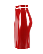 A side view of the high-shine red latex high-waisted pencil skirt by Ribcage, featuring a contrasting waistline design, displayed on a clean white background.