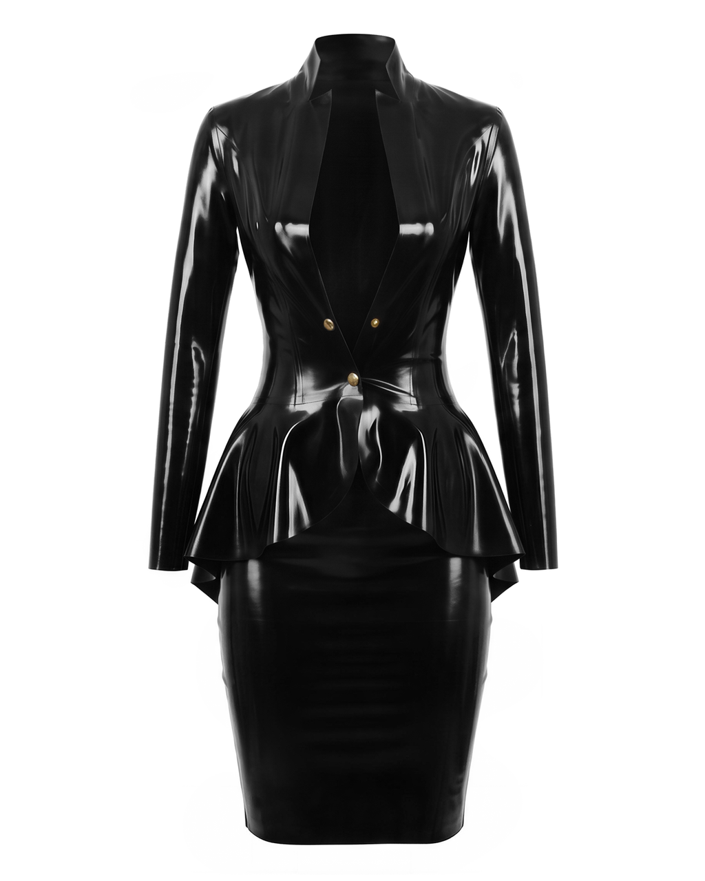 A front view of the high-shine black latex two-piece Commander Suit by Ribcage, featuring a plunging V-neck jacket with metallic buttons and an architectural swallowtail peplum, paired with a matching high-waisted pencil skirt, displayed on a clean white background.