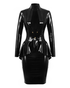 A front view of the high-shine black latex two-piece Commander Suit by Ribcage, featuring a plunging V-neck jacket with metallic buttons and an architectural swallowtail peplum, paired with a matching high-waisted pencil skirt, displayed on a clean white background.