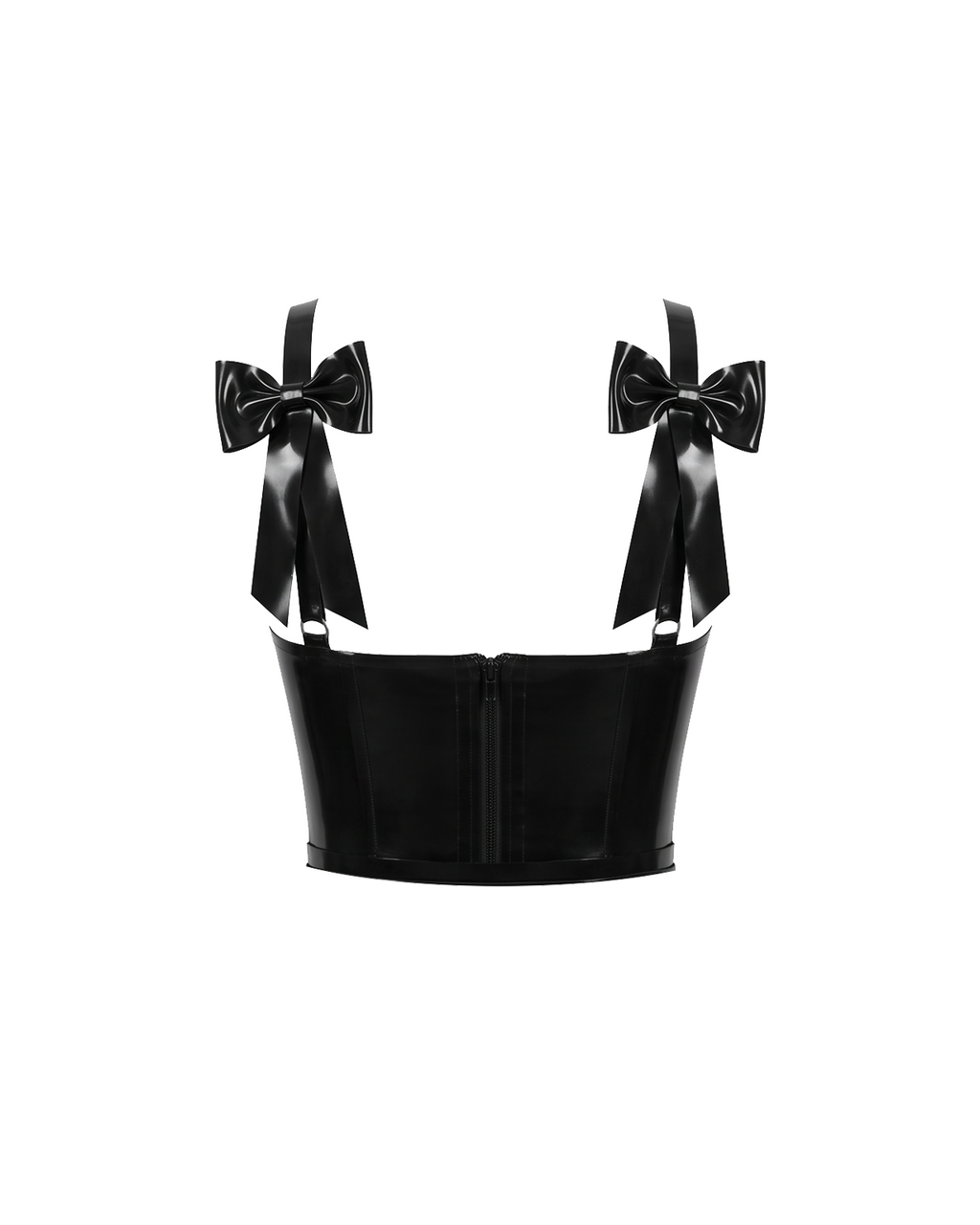 A high-shine black latex bustier by Ribcage, featuring structured cups, front criss-cross ties, shoulder straps decorated with large bows at the back, and a back zipper closure, designed with a compressive second-skin fit.