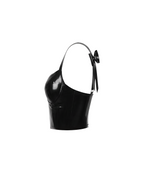 A high-shine black latex bustier by Ribcage, featuring structured cups, front criss-cross ties, shoulder straps decorated with large bows at the back, and a back zipper closure, designed with a compressive second-skin fit.