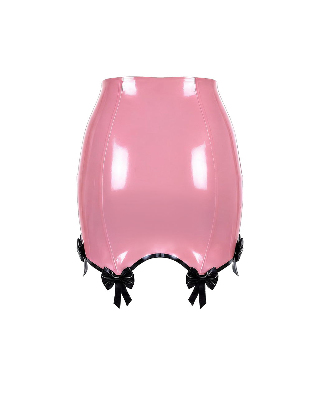 A high-shine metallic pink latex pencil skirt by Ribcage, featuring contrasting black piping, integrated garter straps, and dainty black bows at the hem.